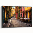 Framed canvas wall art showcasing a vibrant street landscape design, featuring rich colors and intricate details, set against a sleek black frame, perfect for modern decor.