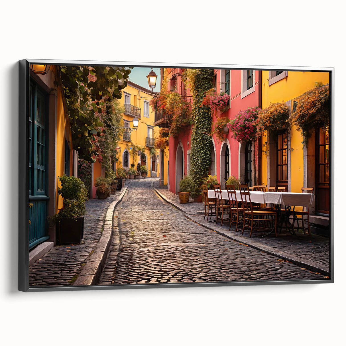 Framed canvas wall art showcasing a vibrant street landscape design, featuring rich colors and intricate details, set against a sleek black frame, perfect for modern decor.