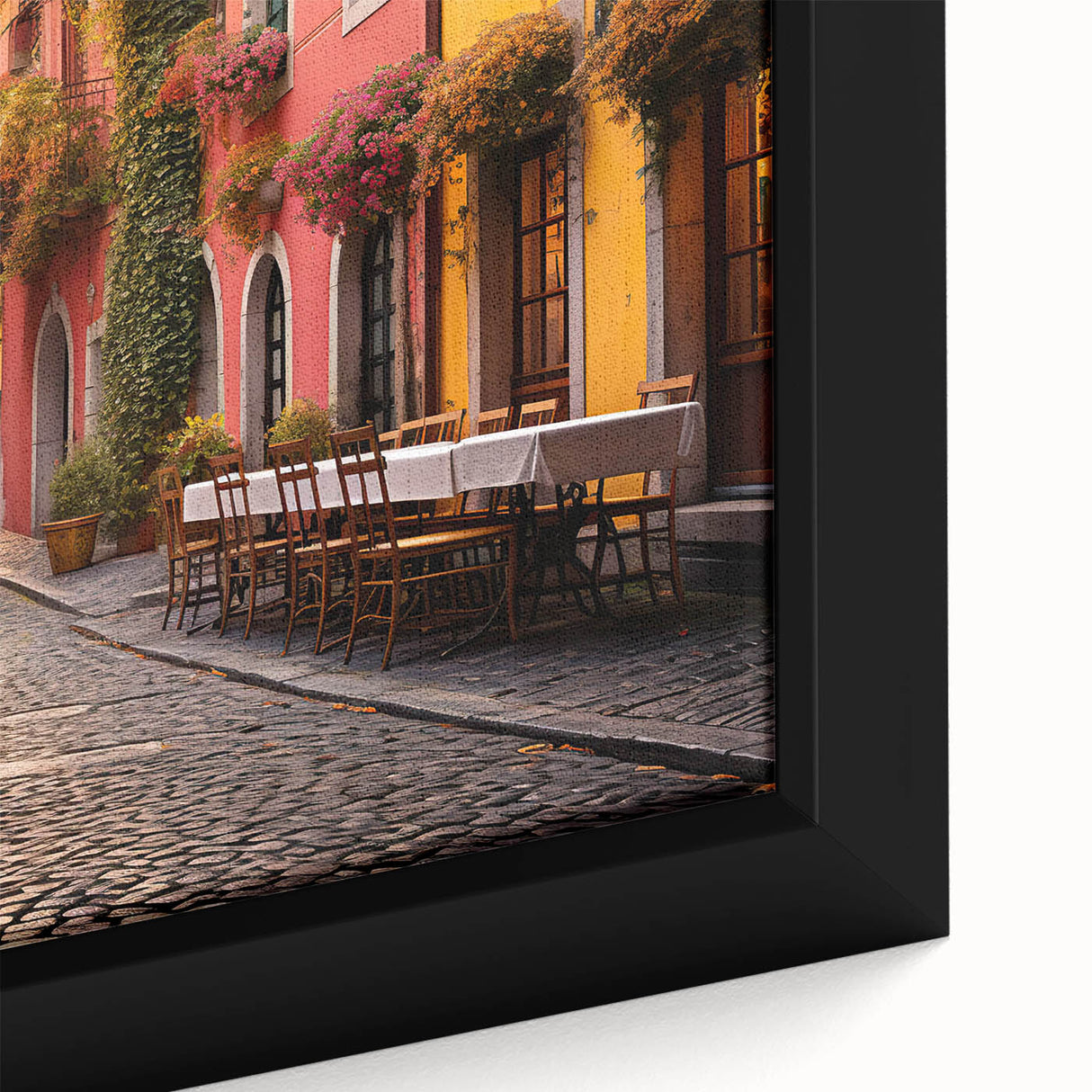 Close-up of a framed canvas print showcasing a vibrant urban landscape design, featuring intricate street details and bold colors, perfect for modern home decor.