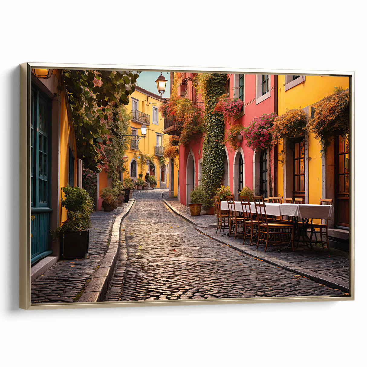 Framed canvas wall art showcasing a modern landscape design with vibrant colors and a gold frame, ideal for contemporary home decor. The piece adds elegance and sophistication to any living space, highlighting artistic details and textures.