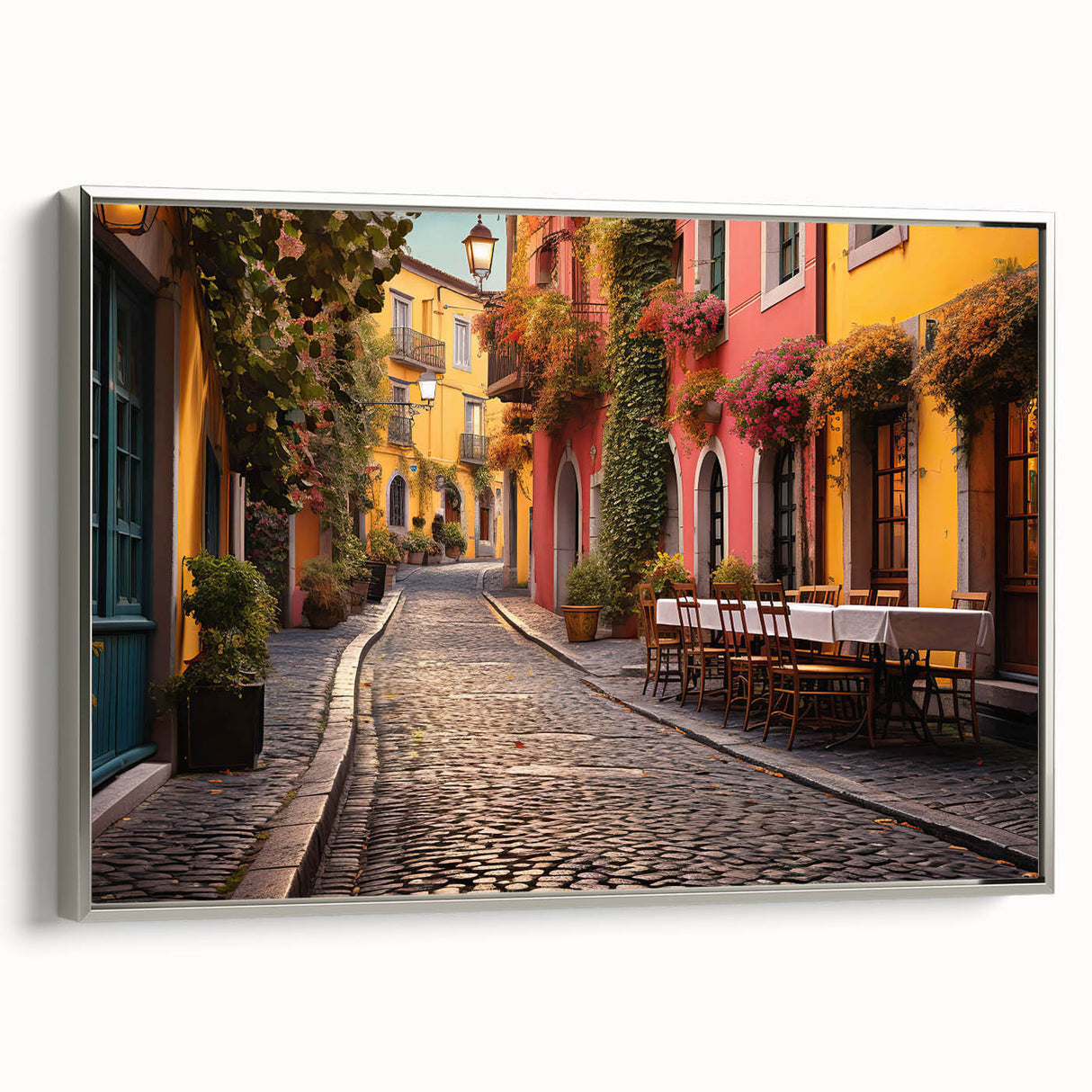 Framed canvas wall art featuring a stunning street landscape design with silver accents, showcasing vibrant colors and intricate details for modern decor.