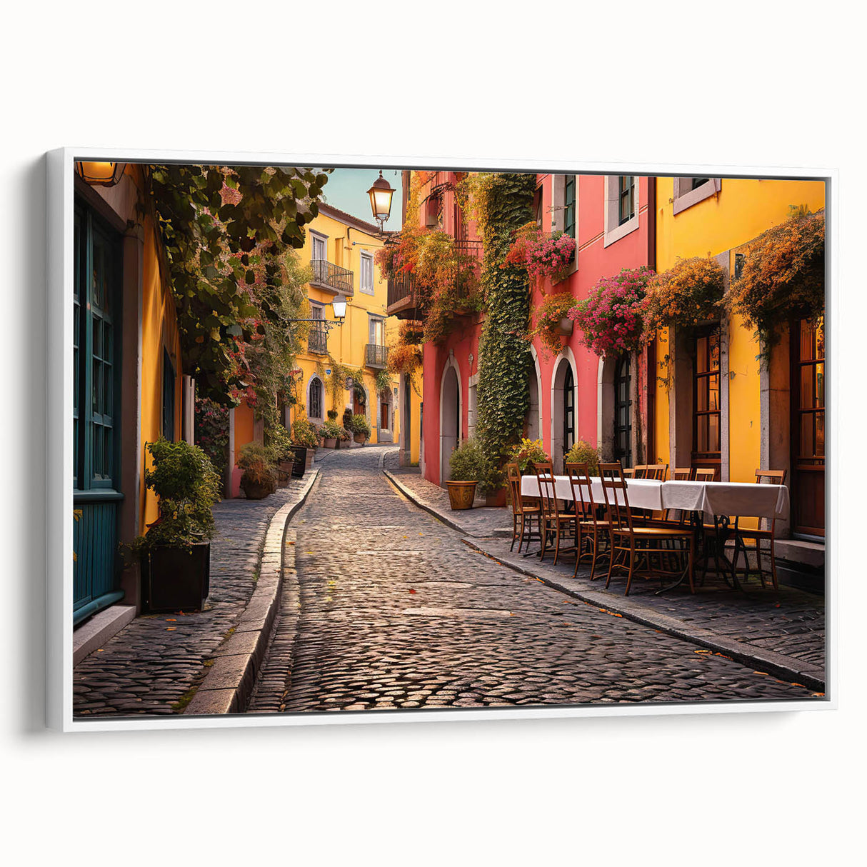 Framed canvas wall art depicting a vibrant city street landscape, showcasing detailed buildings and lively colors, displayed against a white background, ideal for modern home decor.