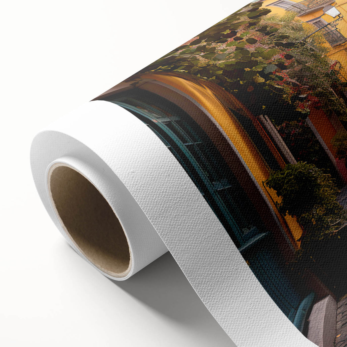 Rolled canvas wall art showcasing a vibrant street landscape design with intricate details, ideal for home or office decor, emphasizing urban aesthetics.