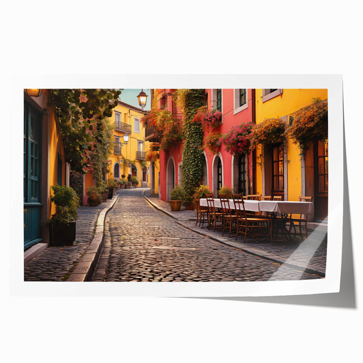 Vibrant rolled print showcasing a modern street landscape design in bold colors, ideal for home decor, featuring intricate details and artistic flair.