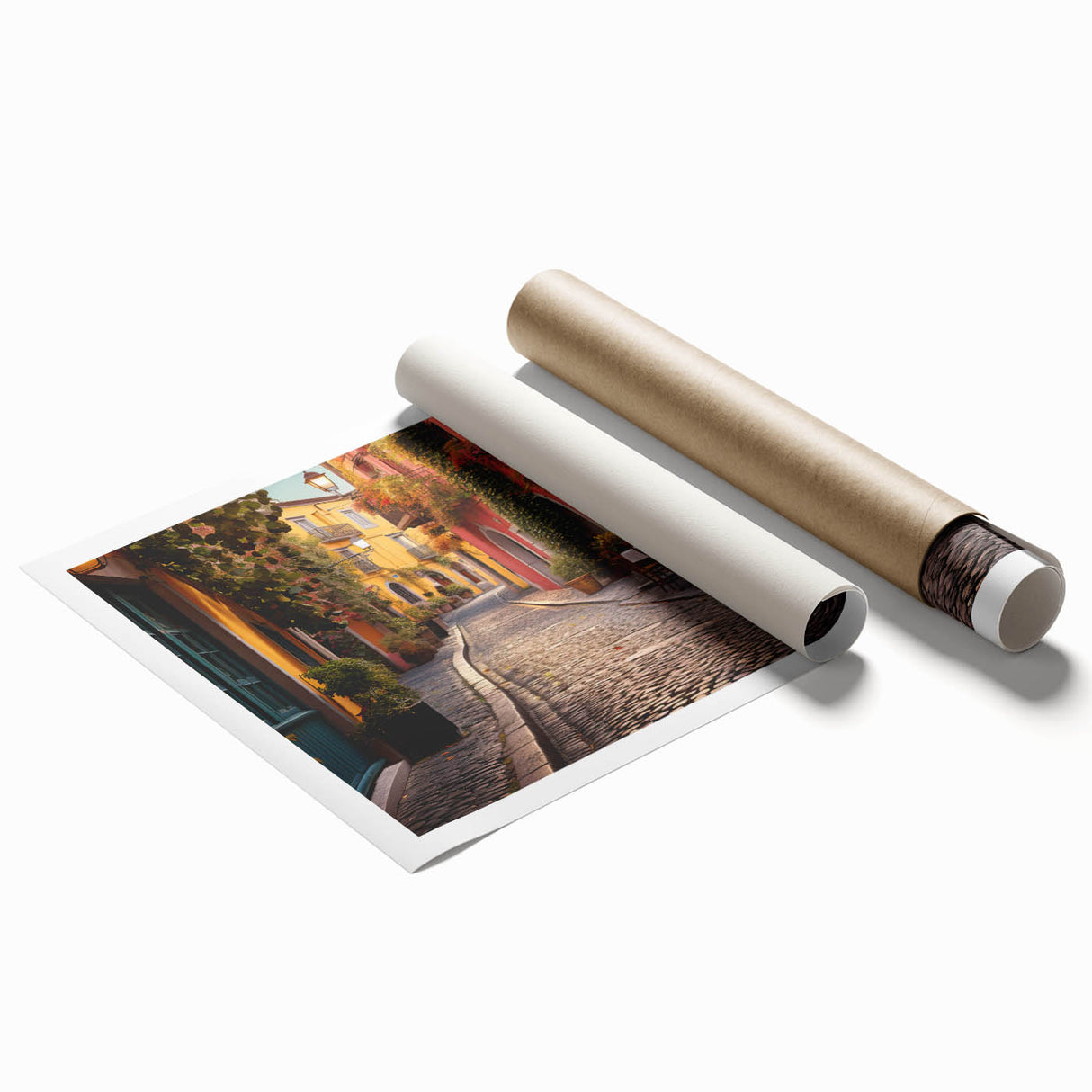 Rolled print showcasing a vibrant street landscape design, featuring colorful urban elements and artistic details, ready for wall display or framing.