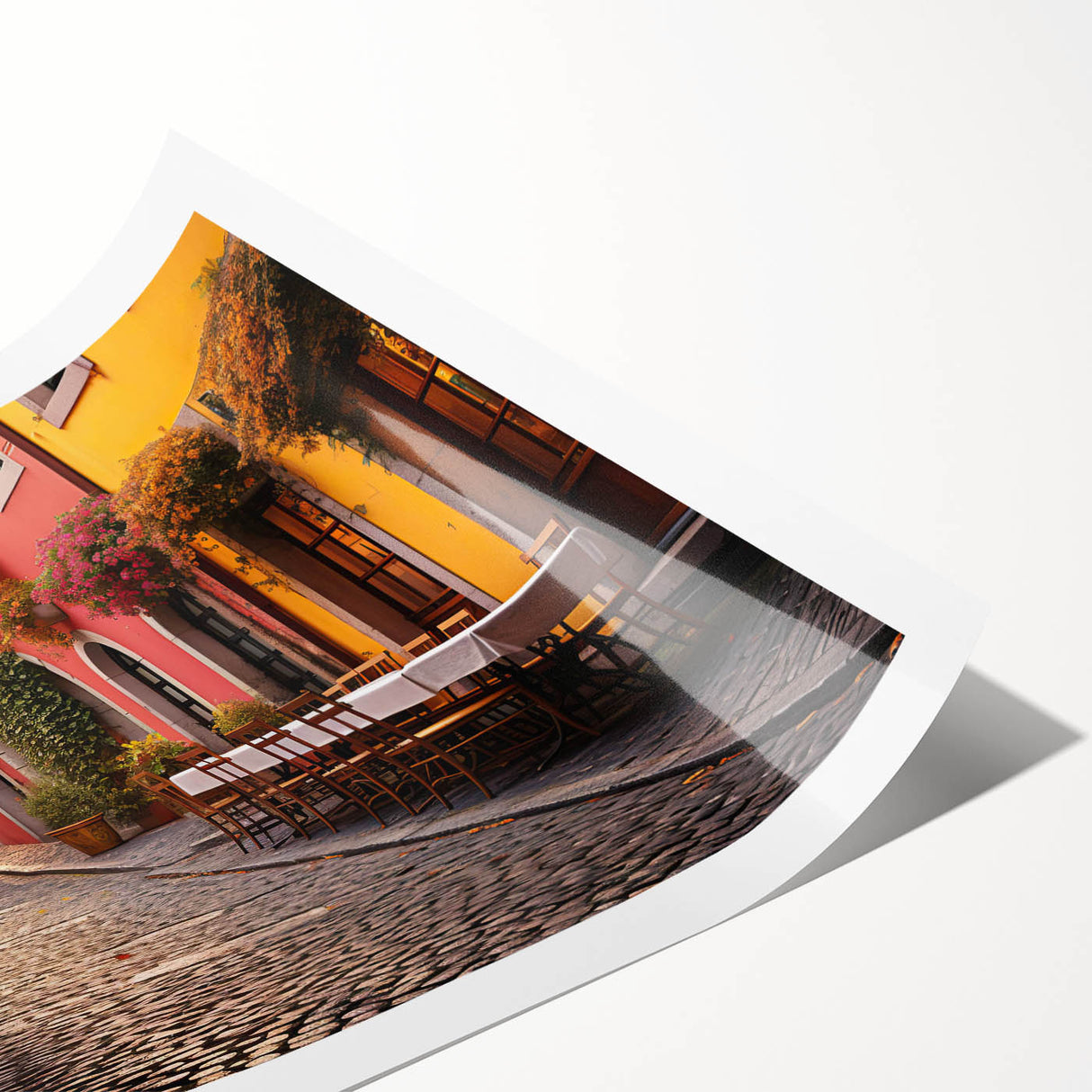 Vibrant rolled wall art print showcasing an abstract landscape design with colorful street elements, perfect for modern home decor, packaged securely in a protective tube.