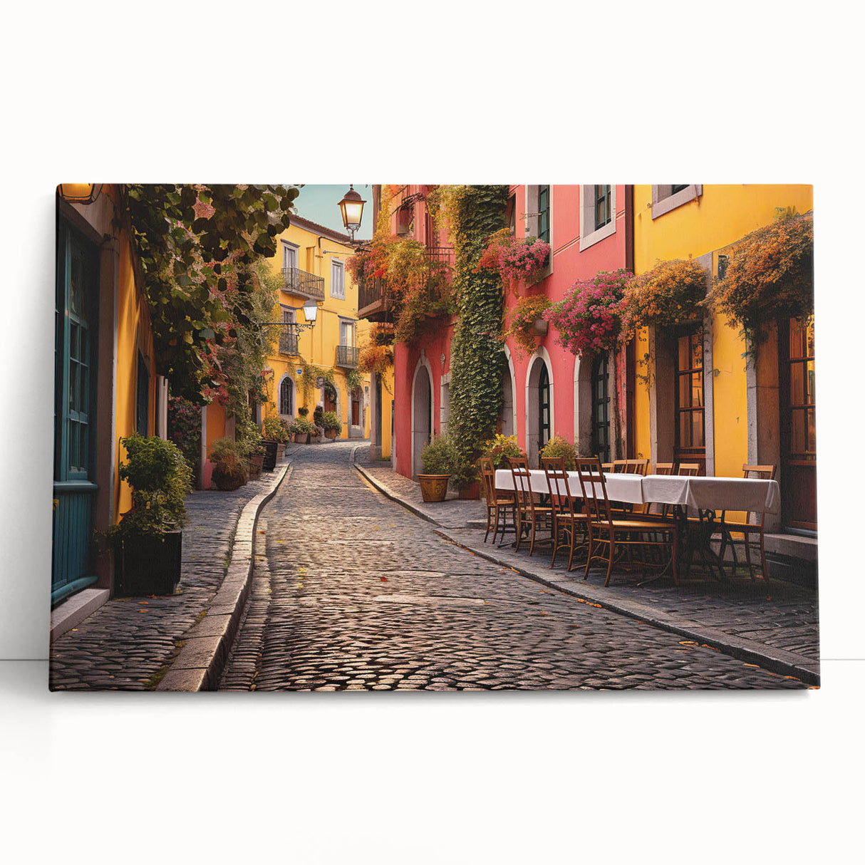 Stretched canvas wall art featuring a vibrant city landscape design with rich colors, showcasing urban architecture and greenery, perfect for home decor.