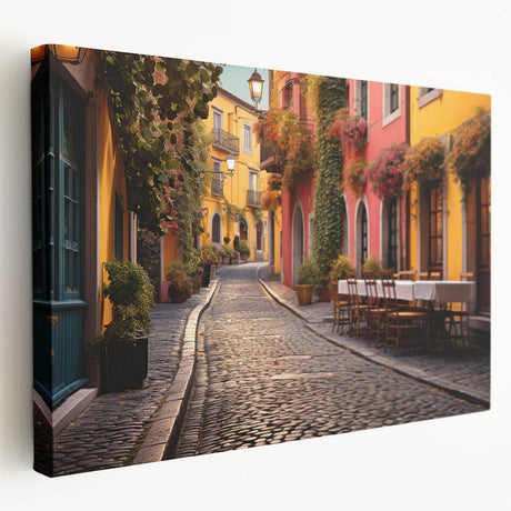 Stretched canvas wall art depicting a vibrant landscape design with colorful streets, showcasing intricate details and textures, ideal for modern decor.