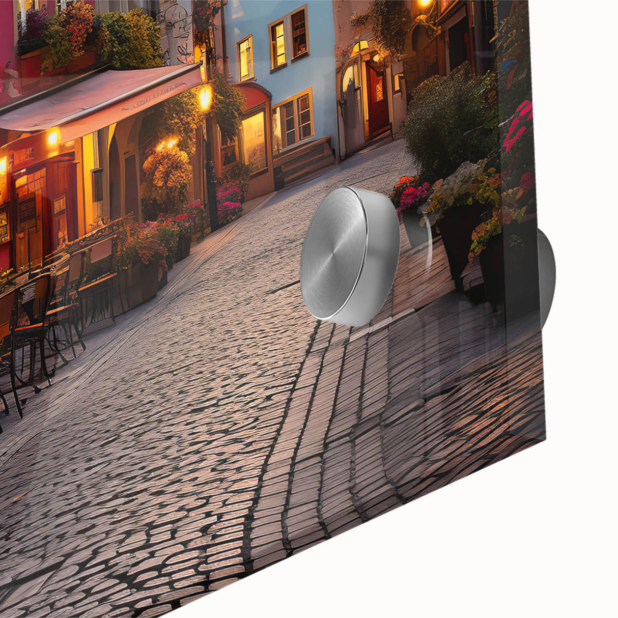 Close-up of a vibrant acrylic glass wall art piece showcasing a colorful street landscape design, perfect for modern home decor, enhancing artistic ambiance.