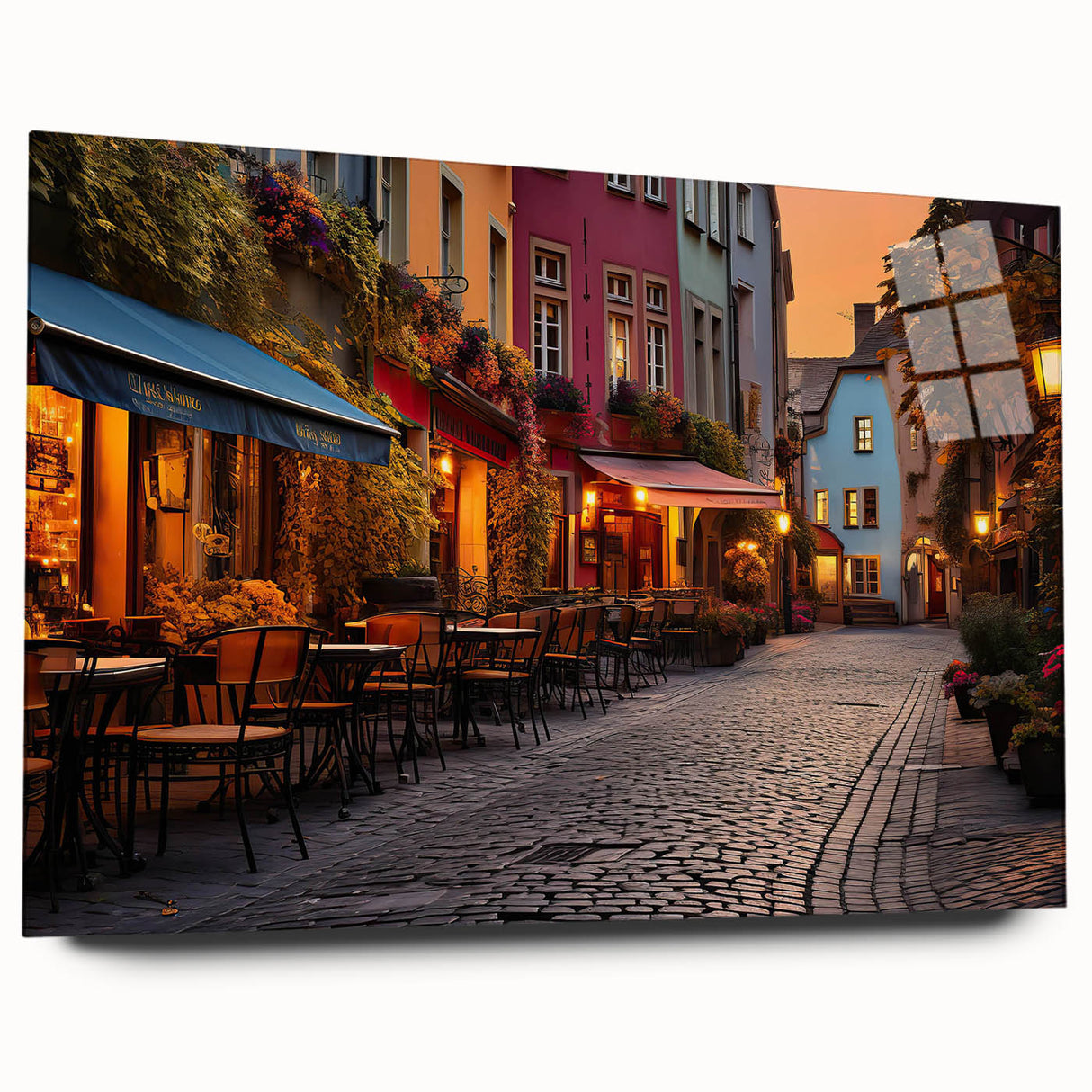 Acrylic glass artwork showcasing a vibrant streetscape design, featuring colorful buildings and trees, elegantly displayed without pins, perfect for modern home decor.