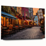 Acrylic glass artwork showcasing a vibrant streetscape design, featuring colorful buildings and trees, elegantly displayed without pins, perfect for modern home decor.