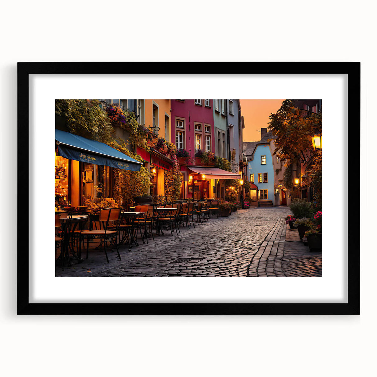 Framed black wall art showcasing a vibrant city landscape design, featuring colorful buildings and a dynamic street scene, ideal for modern home decor.