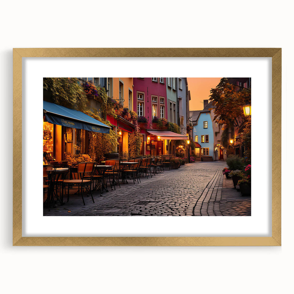 Framed wall art collection showcasing a stunning landscape design with a gold mat, perfect for enhancing home decor aesthetics in modern interiors.