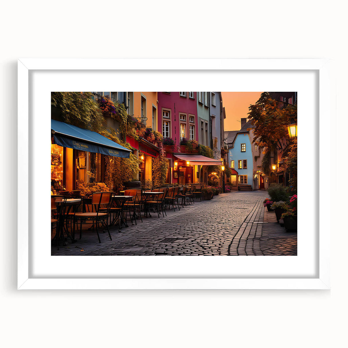 Framed landscape wall art featuring a vibrant street design in a white mat, perfect for home decor, showcasing modern artistic elements and colors.