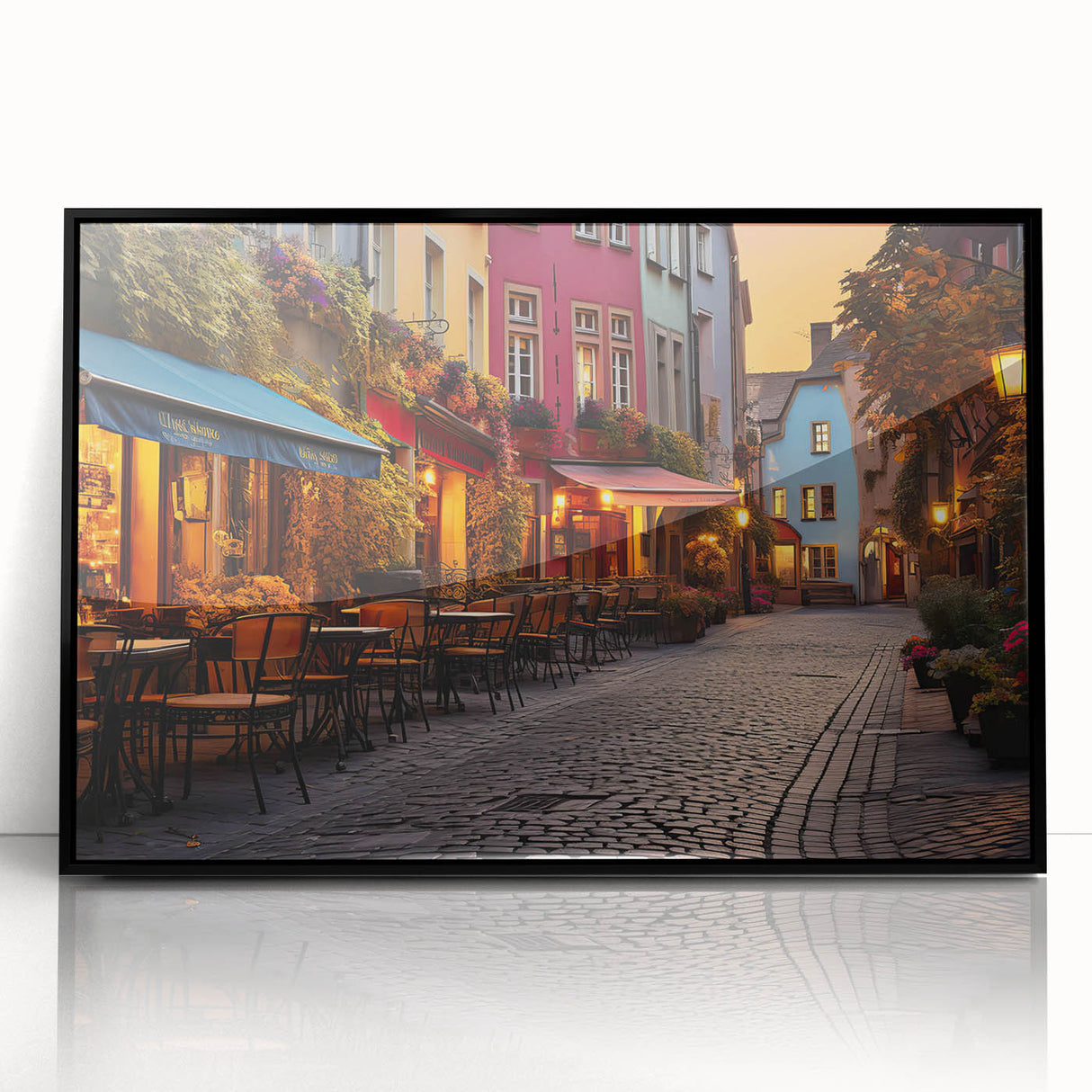 Framed acrylic wall art featuring a modern landscape design with vibrant colors and intricate street elements, displayed in a sleek black frame for a contemporary aesthetic. Perfect for enhancing home decor or art collection.