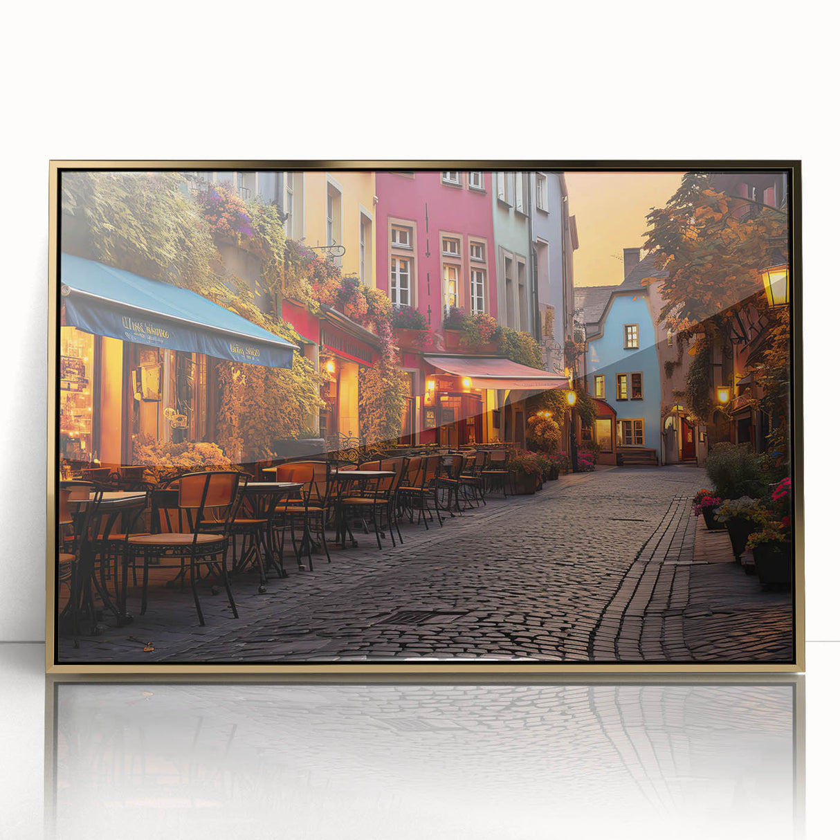 Framed acrylic wall art featuring a contemporary landscape design with gold accents, elegantly displayed in a modern setting. Ideal for home decor and interior design enthusiasts.