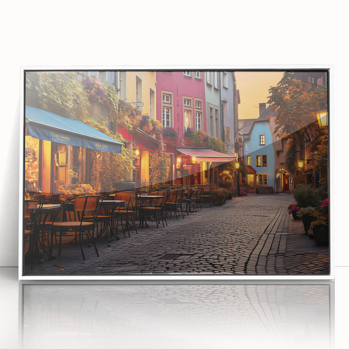 Framed acrylic wall art showcasing a vibrant street landscape design with a white border, perfect for modern home decor. Ideal for adding a stylish touch to any room.