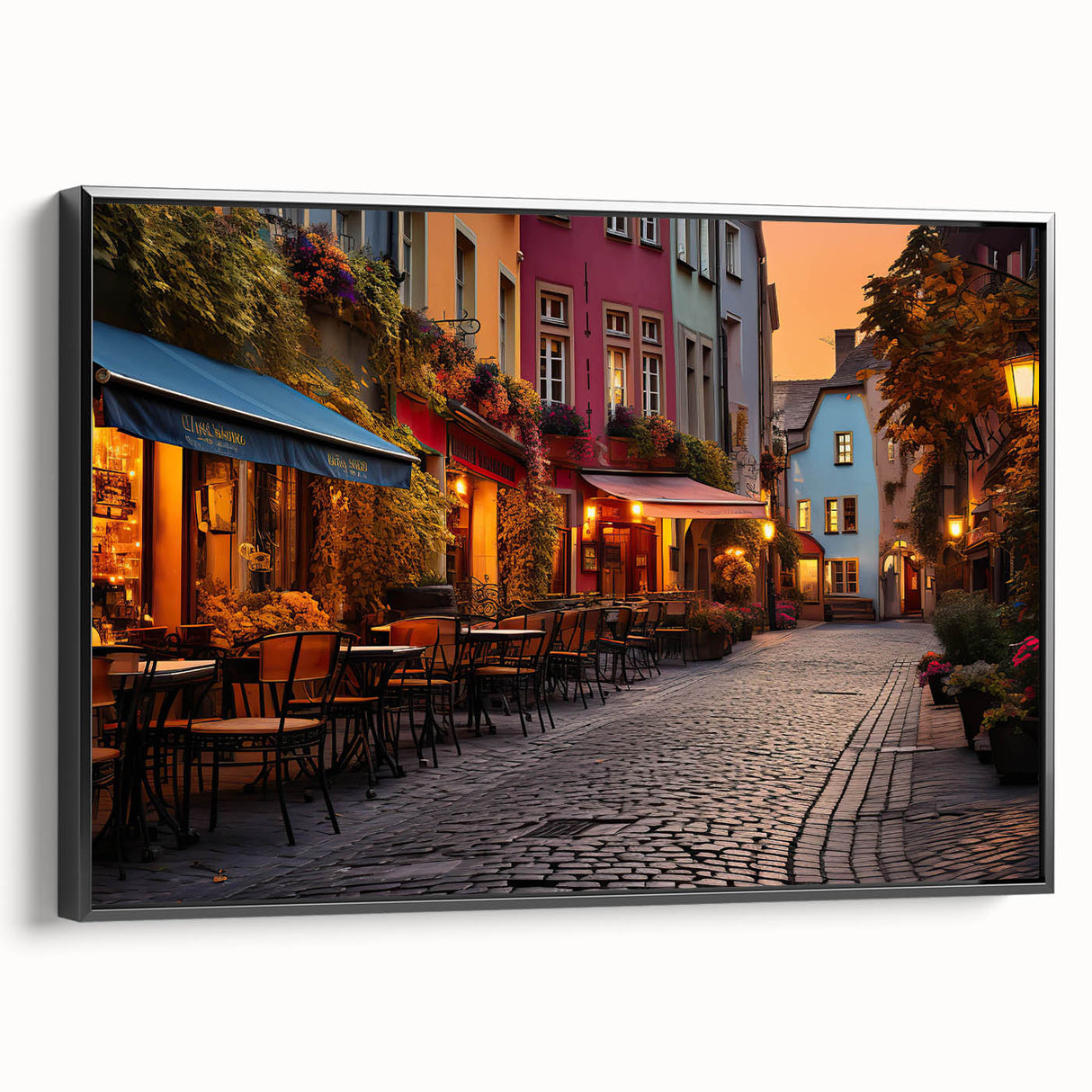 Framed canvas wall art showcasing a modern street landscape design in vibrant colors, featuring a black frame and side view to highlight its sleek profile, perfect for contemporary decor.