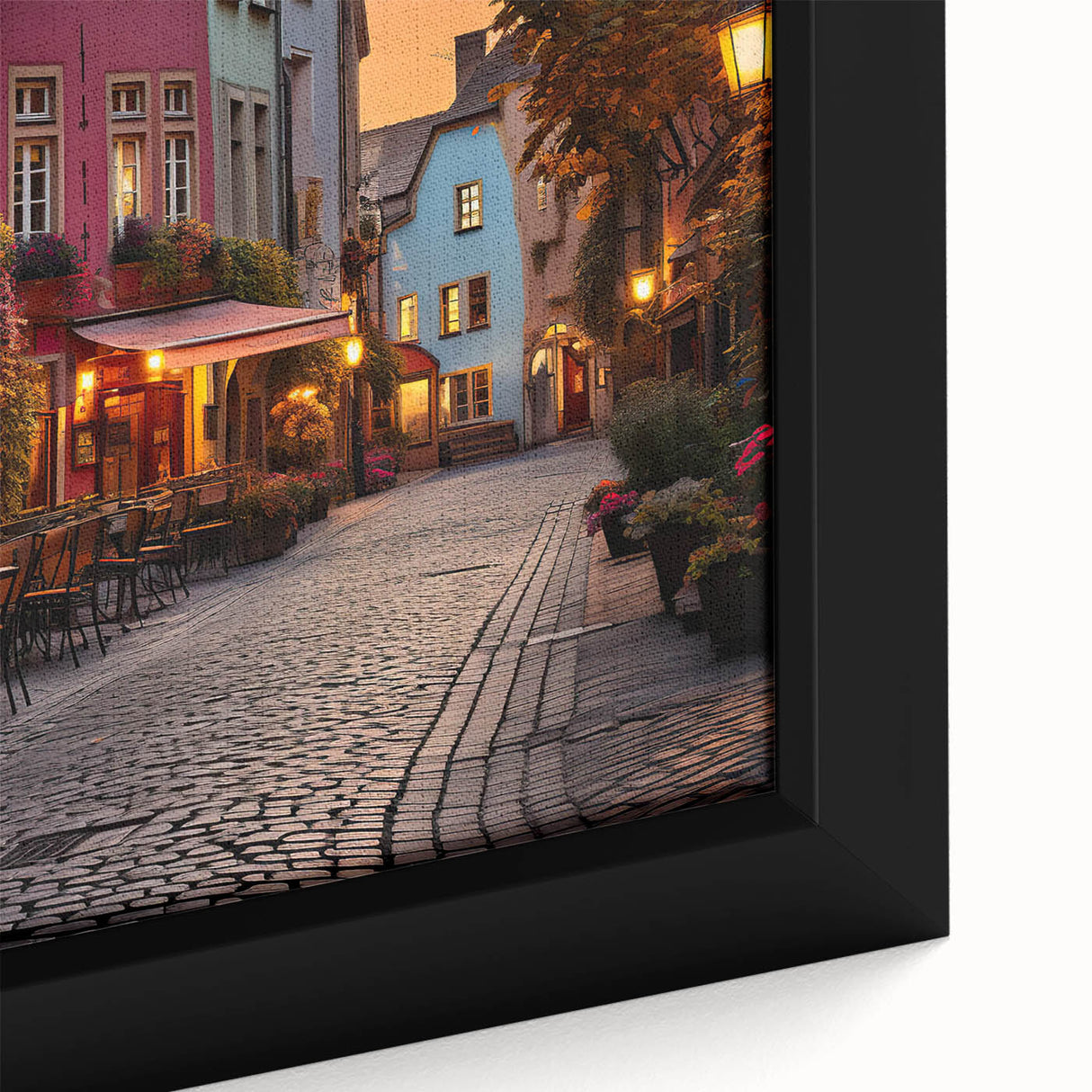 Framed canvas art piece showcasing a vibrant street landscape design with intricate details, perfect for modern home decor and enhancing interior aesthetics.