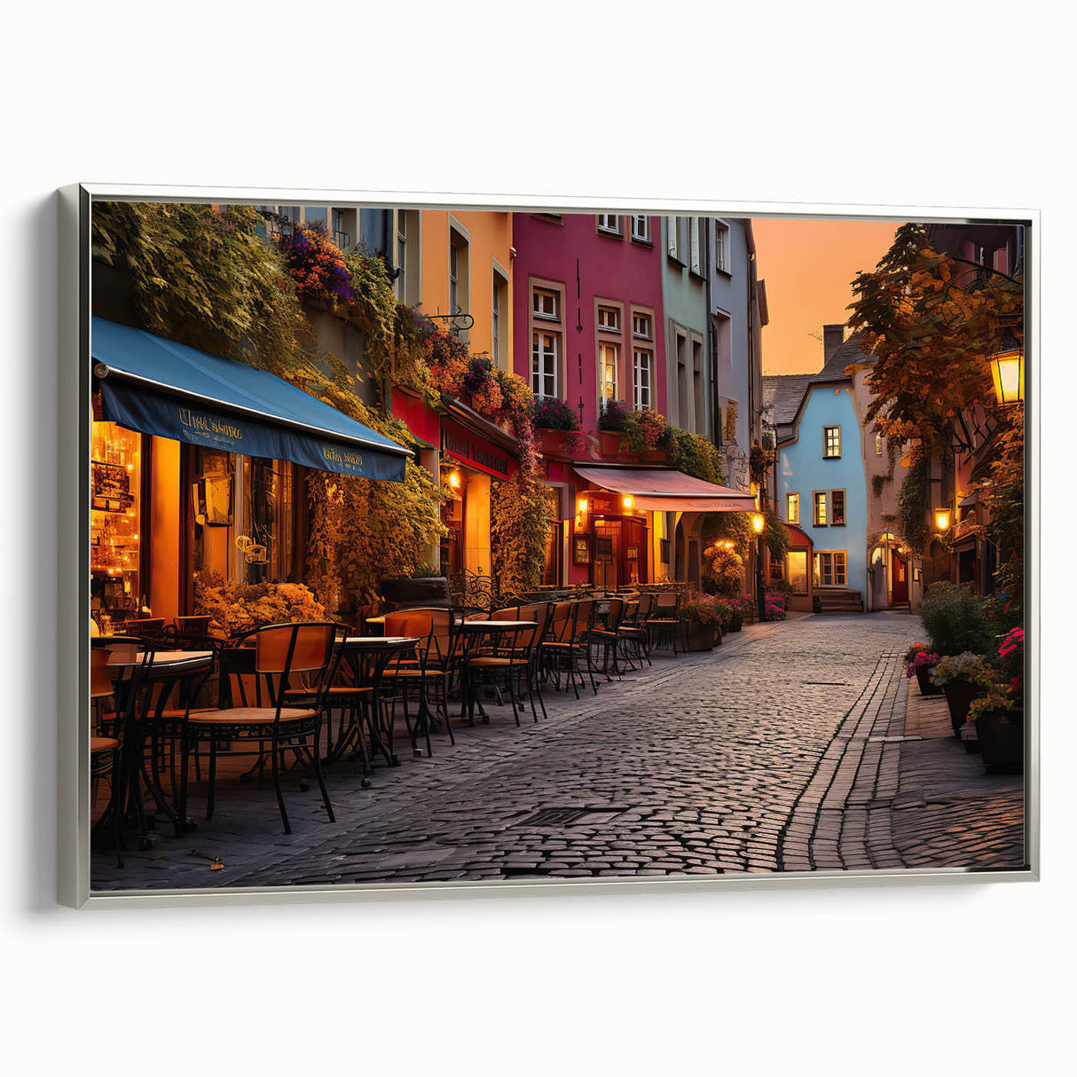 Framed canvas wall art showcasing a modern landscape design with a silver frame, highlighting vibrant colors and intricate details, perfect for home decor enhancement.