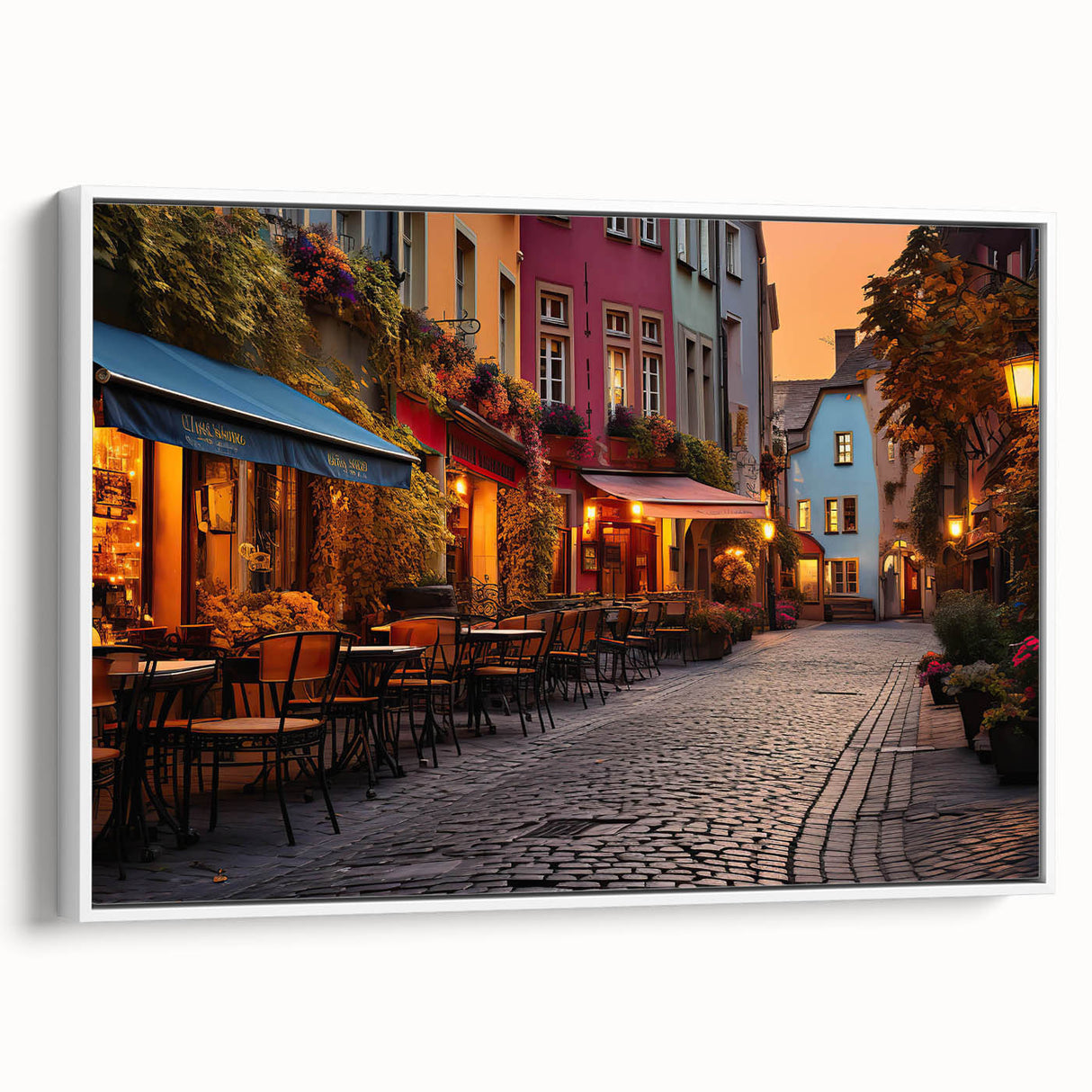 Framed canvas wall art depicting a serene landscape in muted colors, showcasing a tranquil street scene with trees and buildings, perfect for modern home decor.