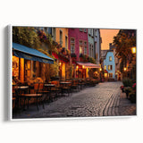 Framed canvas wall art depicting a serene landscape in muted colors, showcasing a tranquil street scene with trees and buildings, perfect for modern home decor.