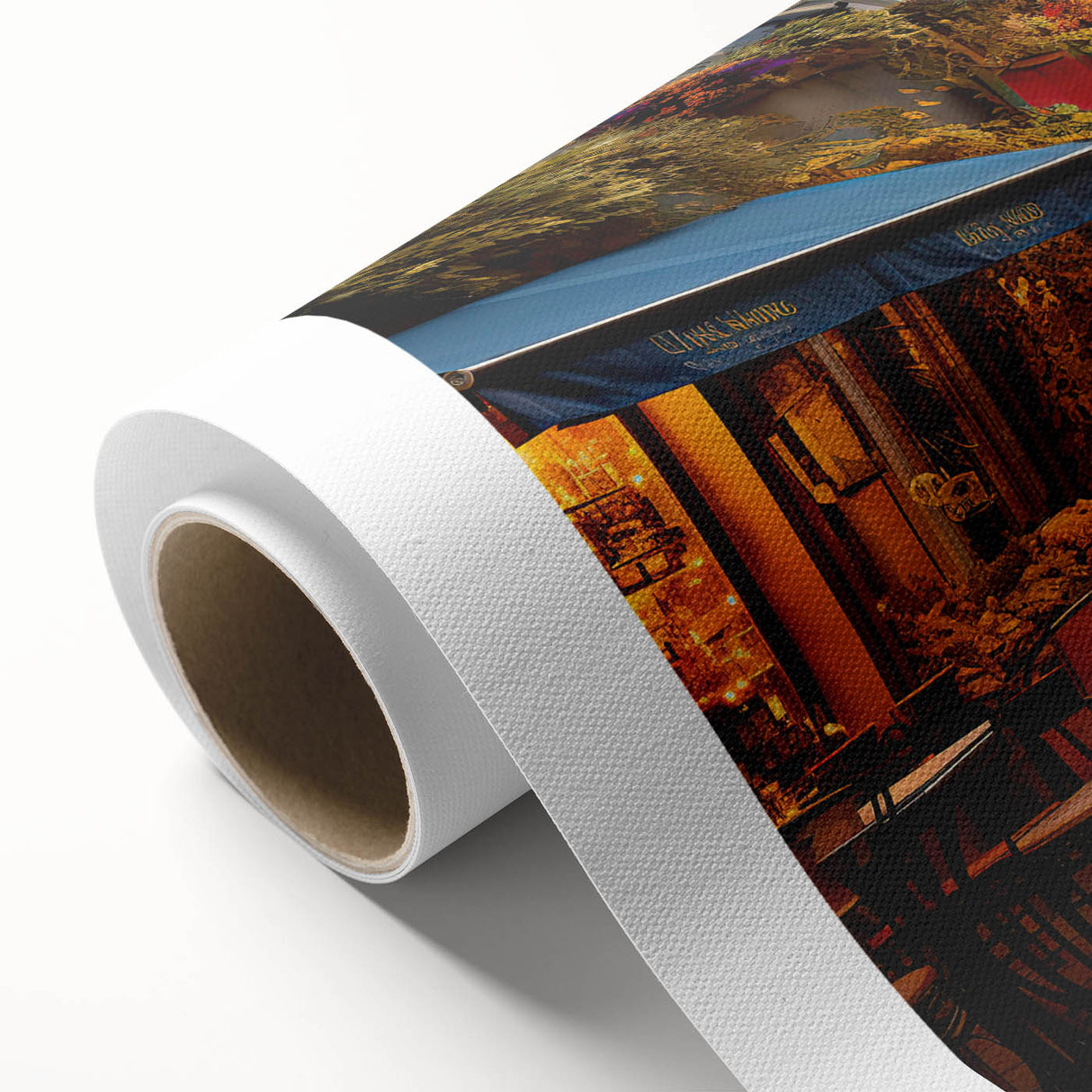 Rolled canvas print showcasing a vibrant street landscape design with intricate details, perfect for modern home decor, packaged securely in a cardboard tube.