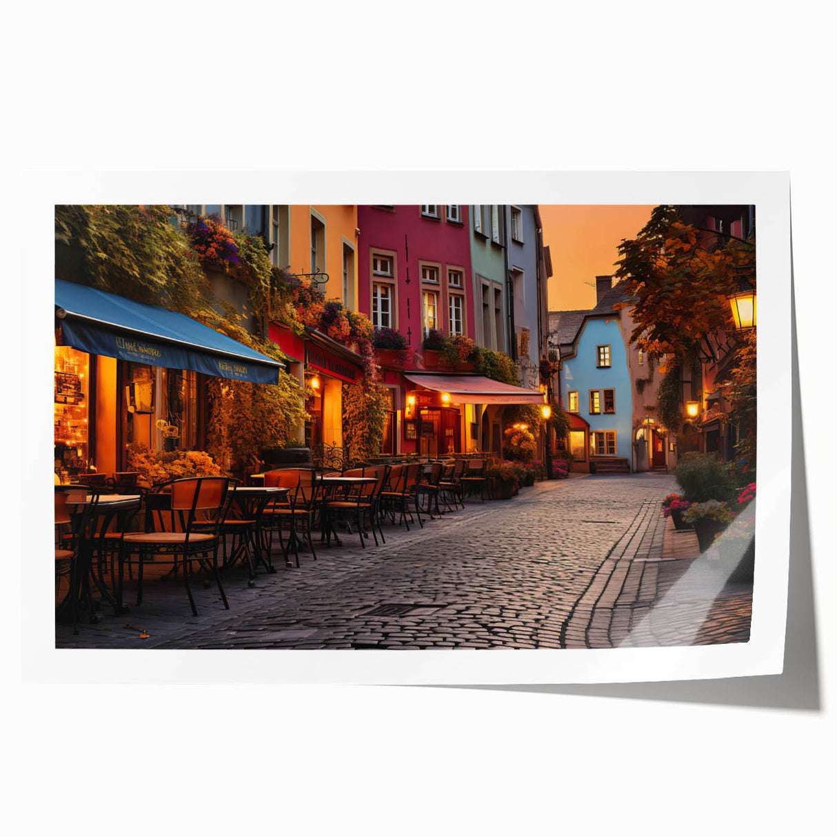 Vibrant rolled wall art print showcasing a colorful landscape design, featuring intricate street scenes and abstract elements, ideal for home decor.