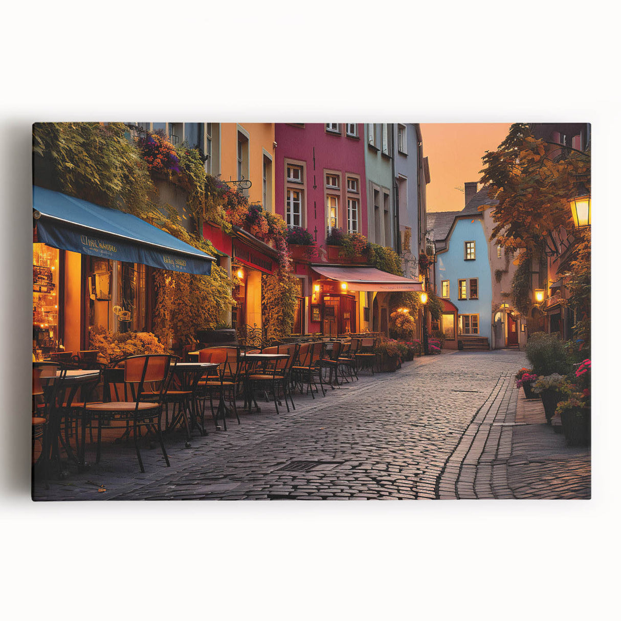Stretched canvas wall art showcasing a vibrant urban landscape design, featuring colorful street scenes and intricate architectural details, perfect for modern decor.