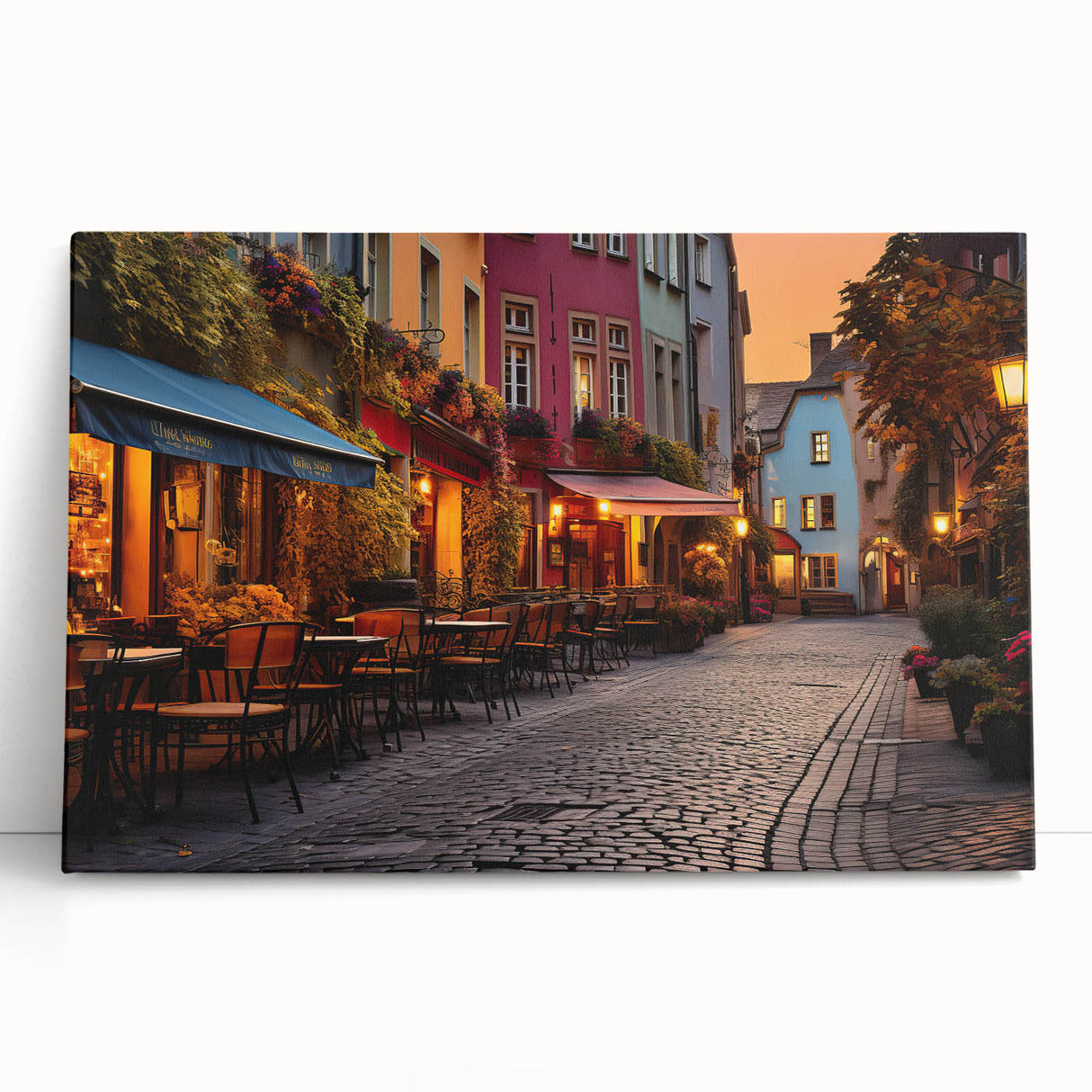 Stretched canvas wall art featuring a vibrant landscape design with colorful trees and a serene street scene, leaning against a white wall, perfect for home decor.