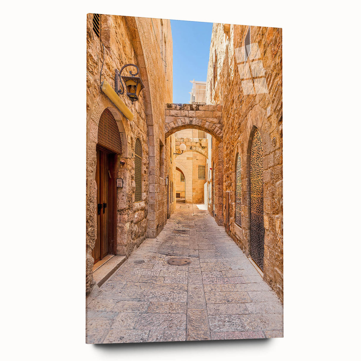 Acrylic glass wall art collection showcasing a vibrant street landscape design in a side view, featuring an array of colors and intricate details, ideal for modern home decor.