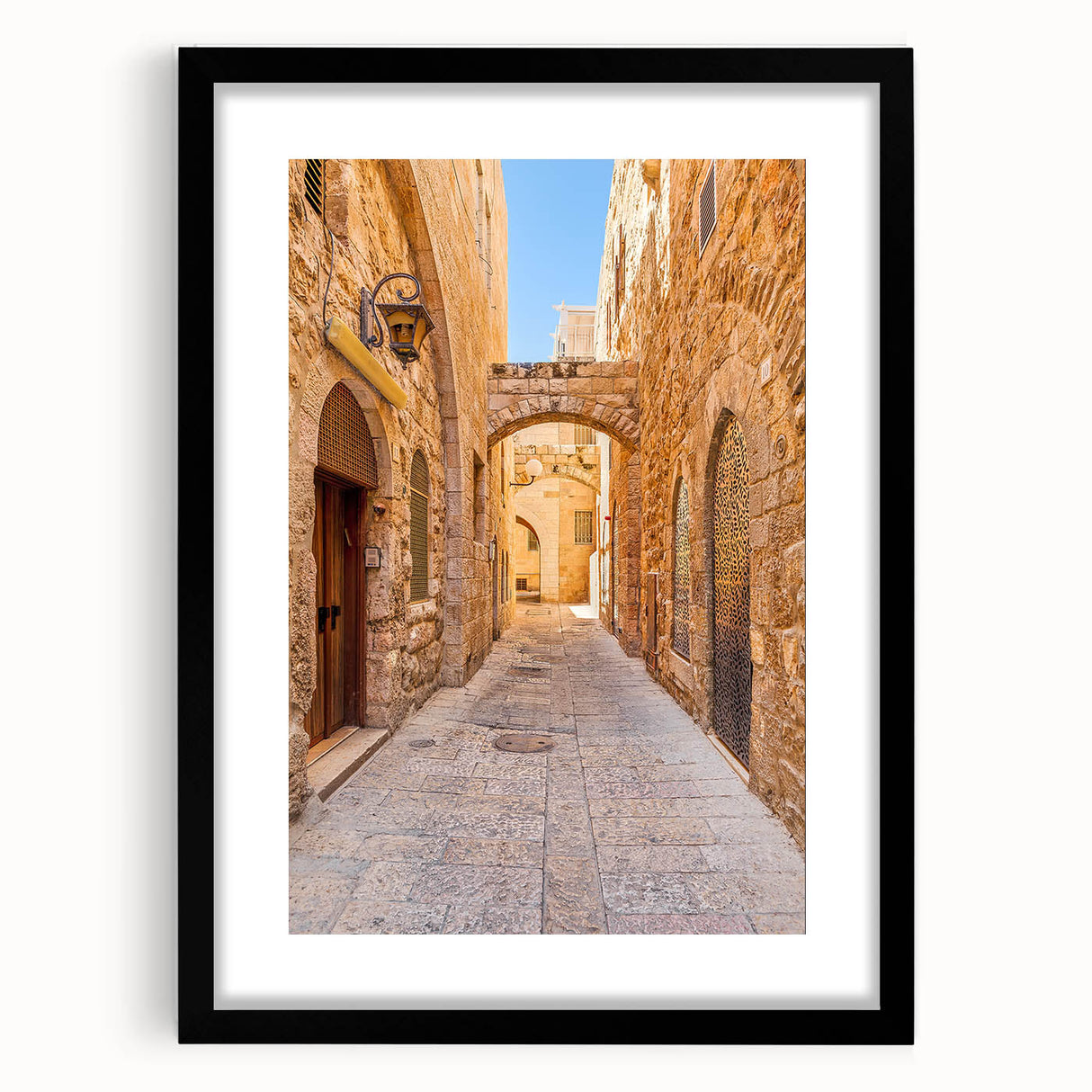 Framed black wall art featuring a modern landscape design with a white mat, showcasing a striking urban street view. Ideal for contemporary home decor.