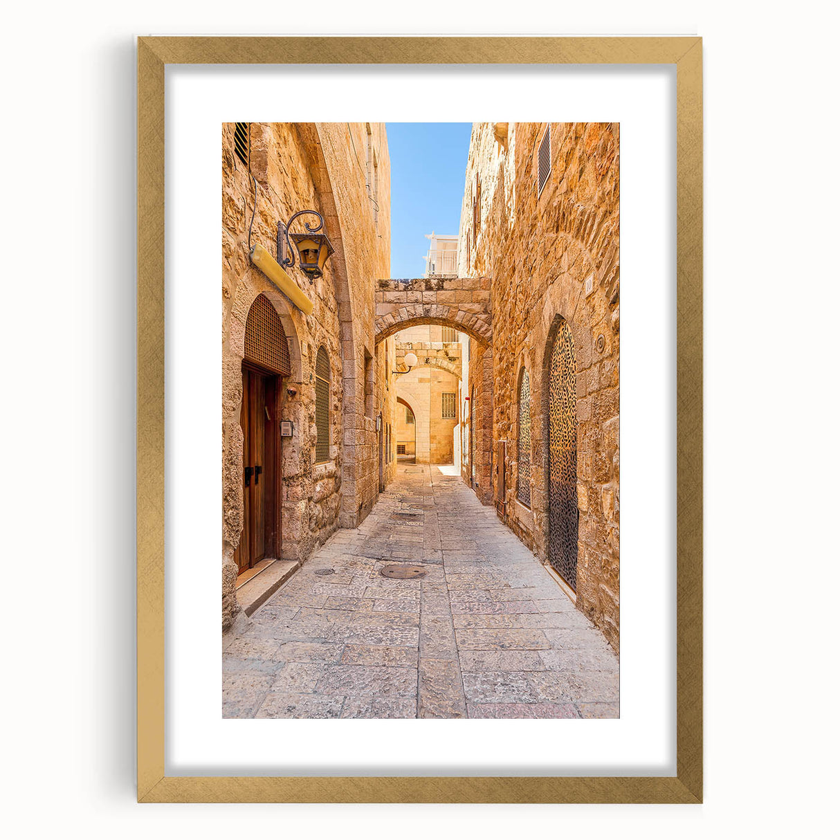 Framed wall art featuring a scenic landscape design with a gold mat, showcasing vibrant colors and intricate details, perfect for enhancing home decor.