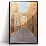 Framed acrylic wall art showcasing a contemporary street landscape design in vibrant colors, featuring a sleek black frame, perfect for modern home decor.