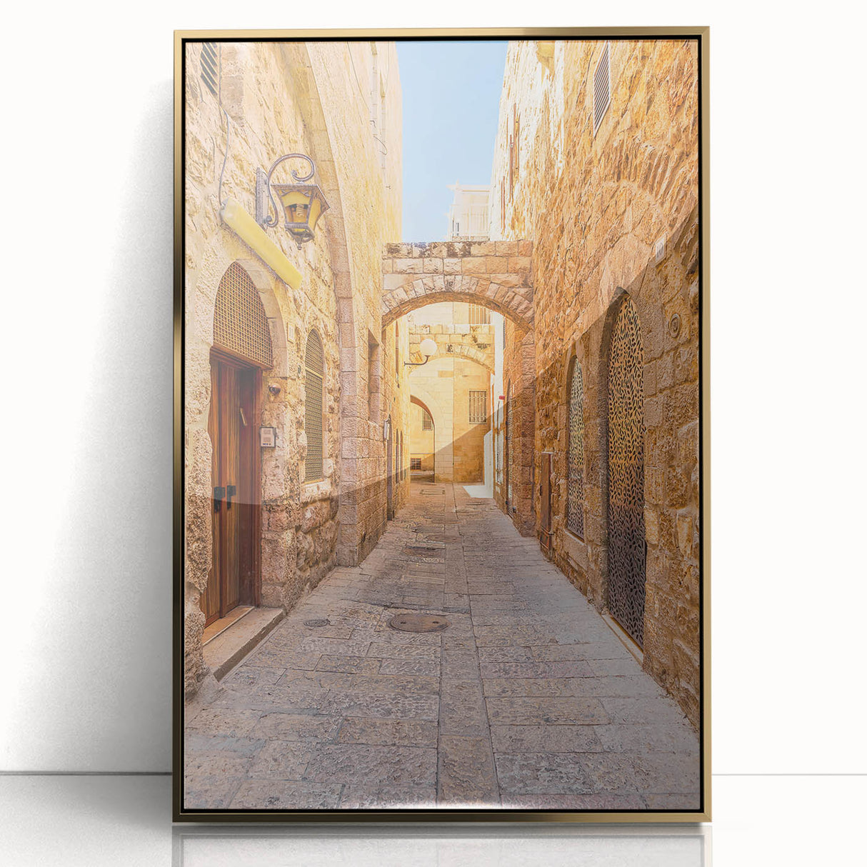 Framed acrylic wall art showcasing a vibrant landscape design with gold accents, perfect for adding elegance to modern interiors. Ideal for home decor enthusiasts.