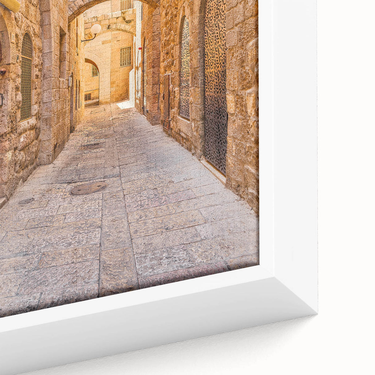 Framed canvas artwork showcasing a vibrant street landscape design, featuring intricate details and bold colors, perfect for modern home decor accents.