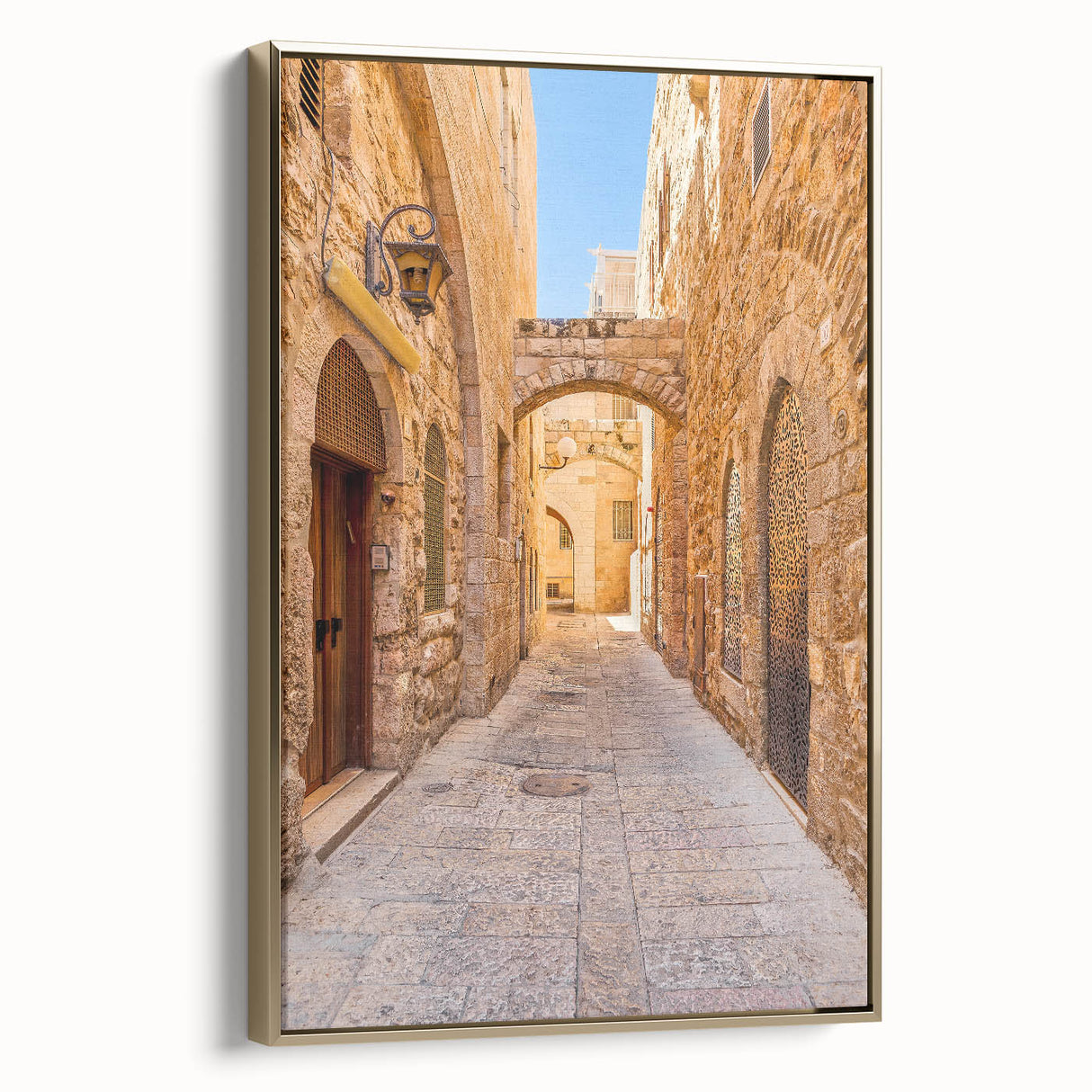 Framed canvas wall art featuring a modern landscape design in vibrant colors, showcasing a gold frame with a side view perspective, perfect for home decor.