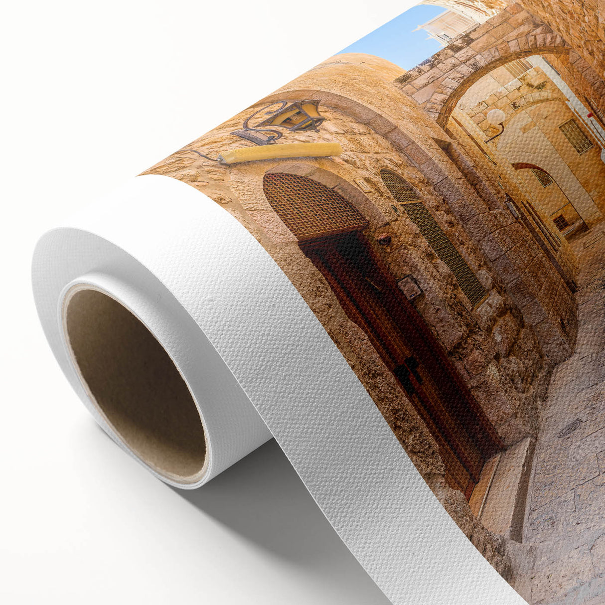 Vibrant rolled canvas wall art showcasing a colorful street landscape design, ideal for modern home decor, packaged securely in a durable cardboard tube for protection.