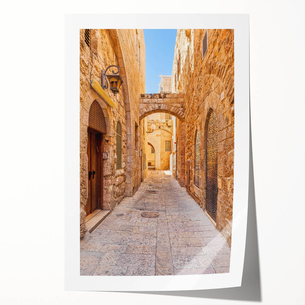 Rolled print featuring a vibrant street landscape design, showcasing colorful urban architecture and lively city life, ideal for modern home decor.