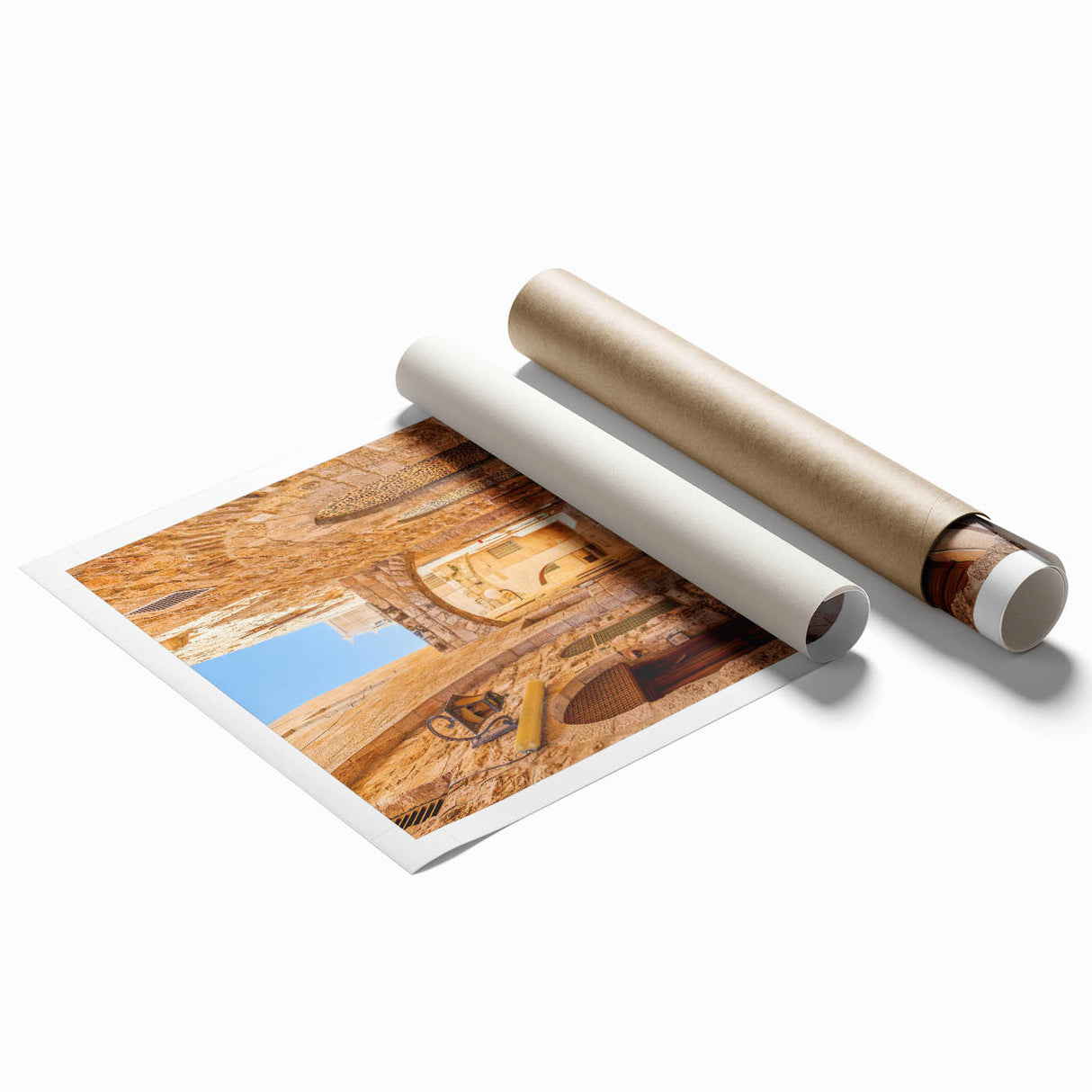 Rolled print showcasing a vibrant street landscape design with colorful buildings and intricate details, ideal for enhancing home decor or office interiors.
