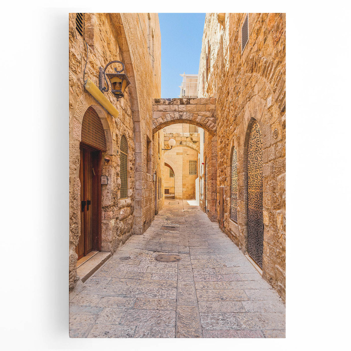 Stretched canvas wall art featuring a vibrant landscape design with urban street elements, ideal for modern home decor. The artwork showcases bold colors and intricate details, creating a striking focal point for any room, enhancing the aesthetic appeal of contemporary interiors.