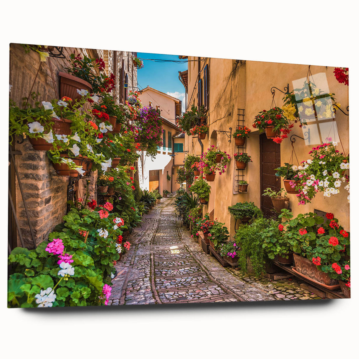 Acrylic glass wall art piece showcasing a vibrant street landscape design, featuring bold colors and intricate details, viewed from the side without pins, ideal for modern home decor.