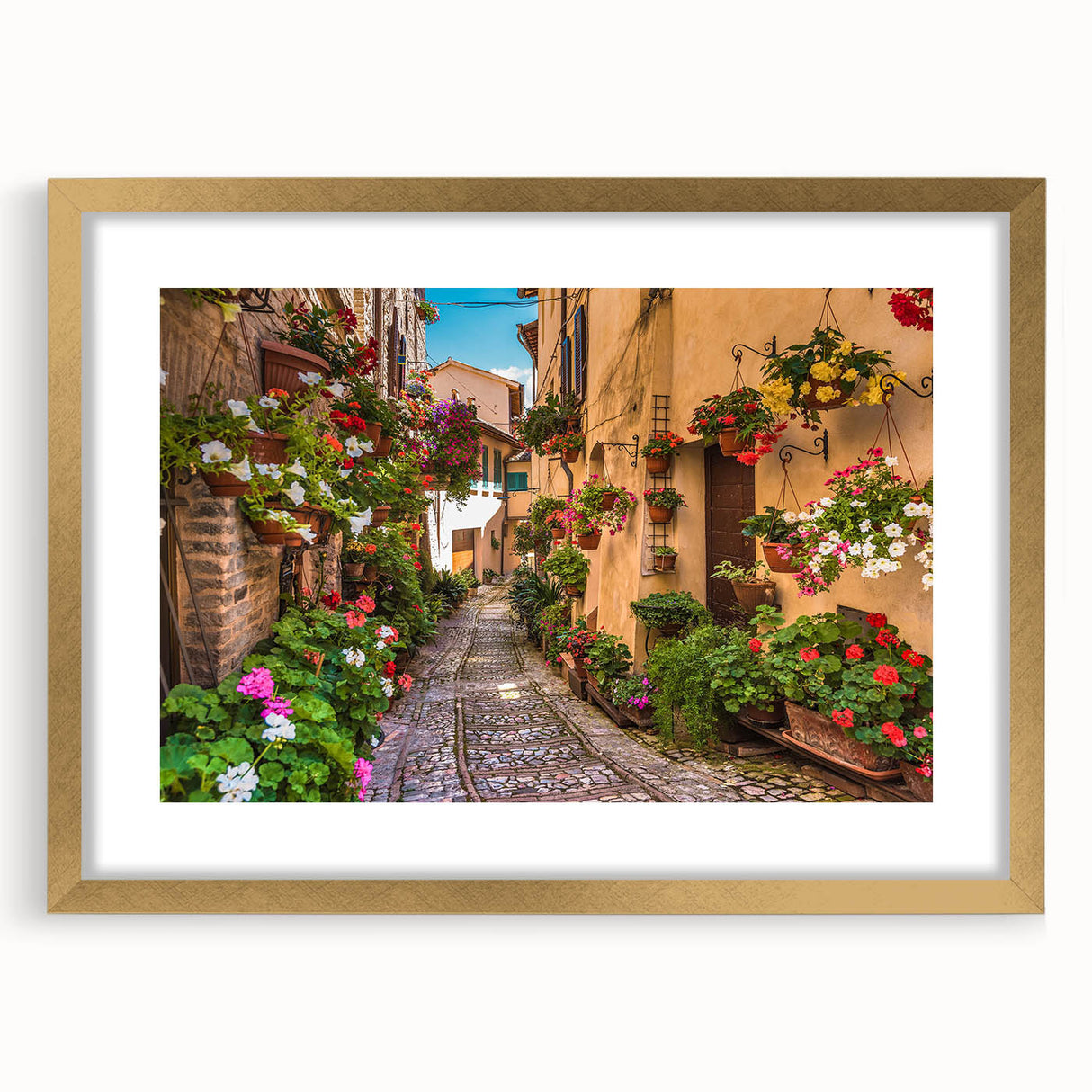 Framed wall art featuring a scenic landscape design, highlighted with a gold frame and mat, showcasing vibrant colors and intricate details, ideal for home decor.