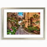 Framed wall art featuring a modern landscape design in a silver frame with a mat, showcasing vibrant colors and intricate details, ideal for home decor.