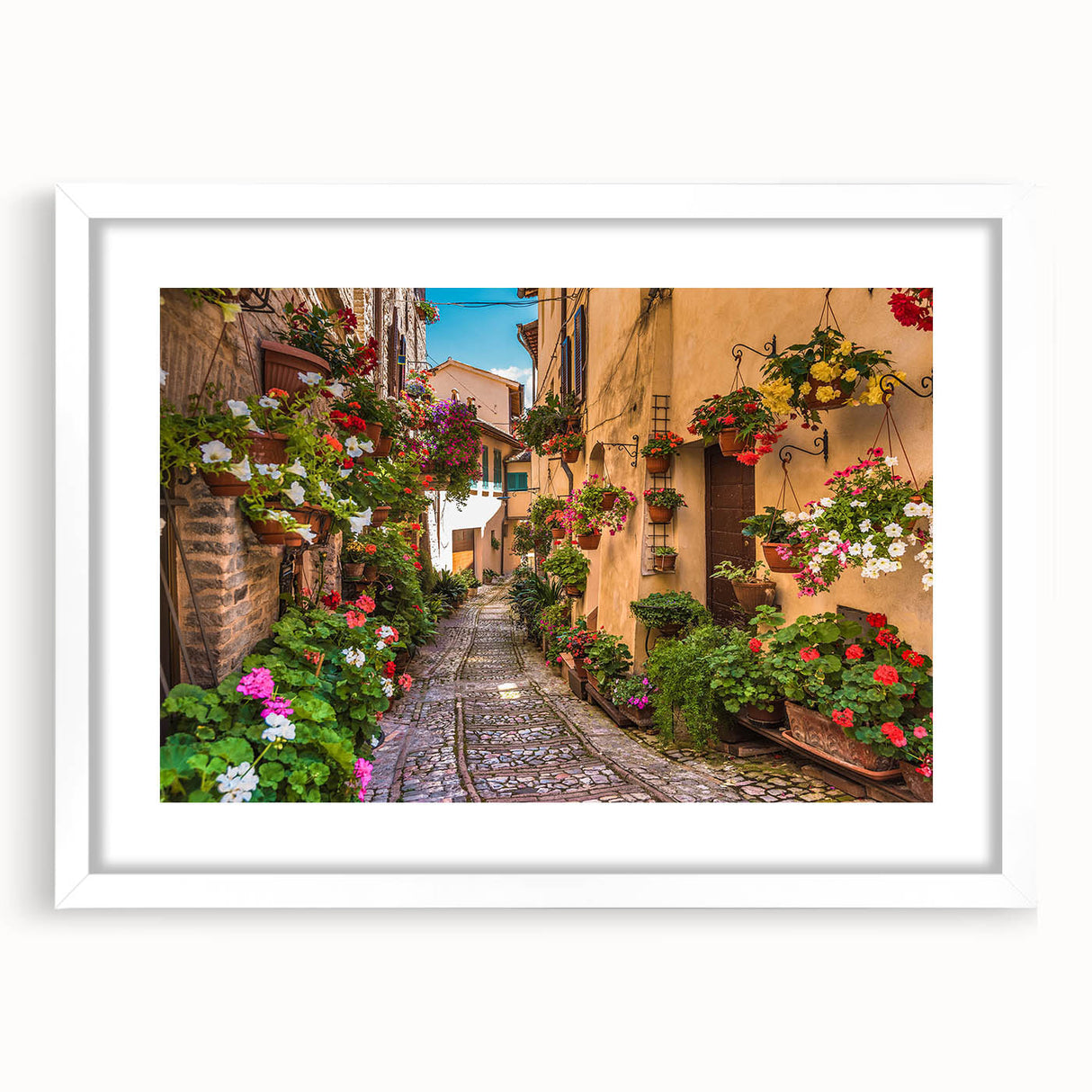 Framed white mat wall art featuring a vibrant landscape street design, showcasing colorful urban scenes. Ideal for modern home decor, enhancing any interior space.