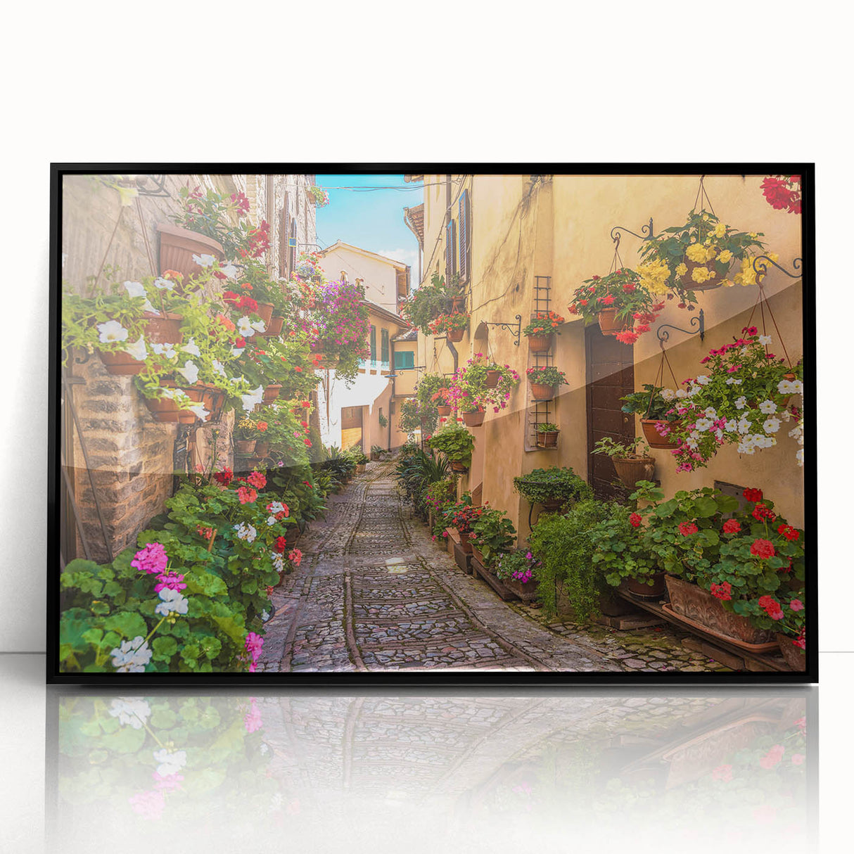Framed acrylic wall art featuring a modern landscape design with vibrant colors and sleek black frame, perfect for enhancing contemporary interiors.