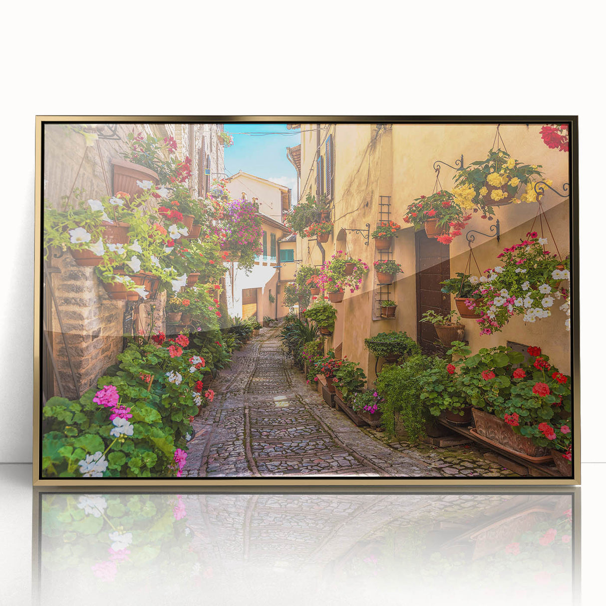 Framed acrylic wall art featuring a vibrant landscape design with golden accents, showcasing a modern aesthetic ideal for home decor. Perfect for enhancing interior spaces with a touch of elegance.