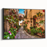 Framed canvas wall art showcasing a modern street landscape design, featuring vibrant colors and intricate details, presented in a sleek black frame. Perfect for contemporary decor.
