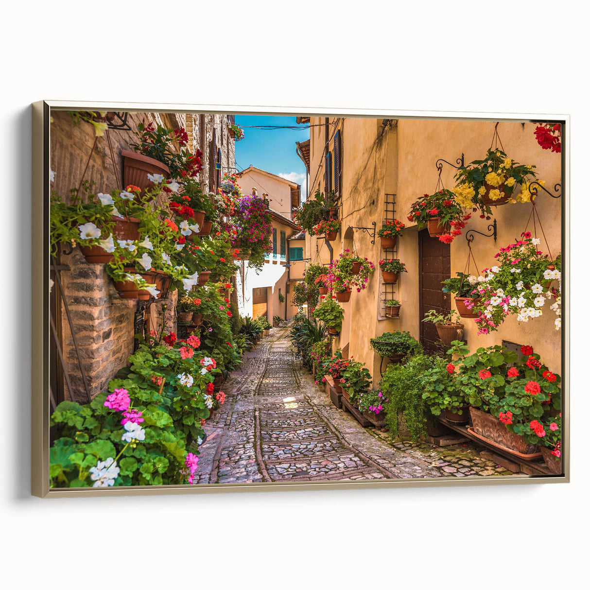 Framed canvas wall art showcasing a modern landscape design with vibrant colors and a sleek gold frame, ideal for enhancing contemporary home decor.