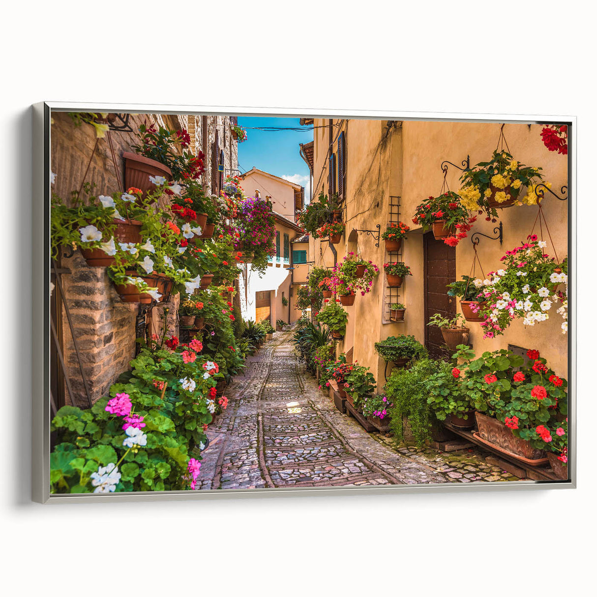 Framed canvas wall art featuring a modern cityscape design with intricate details and a silver frame, ideal for contemporary home decor. This piece adds elegance and sophistication to any living space.